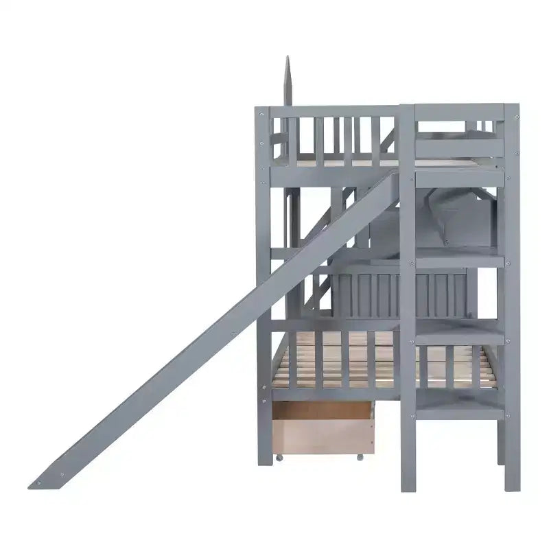 Castle Bunk Bed for Approx. 97 × 191 cm Mattress with 2 Drawers, 3 Shelves & Slide – Kids Loft Bed