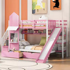 Castle Bunk Bed for Approx. 97 × 191 cm Mattress with 2 Drawers, 3 Shelves & Slide – Kids Loft Bed