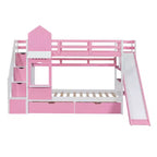 Castle Bunk Bed for Approx. 97 × 191 cm Mattress with 2 Drawers, 3 Shelves & Slide – Kids Loft Bed