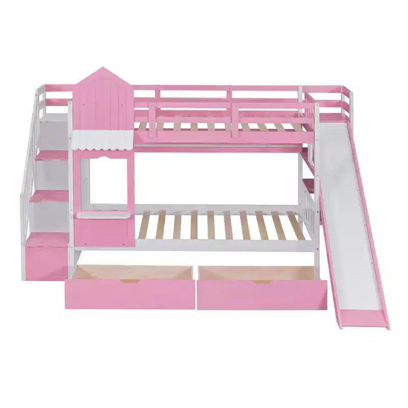 Castle Bunk Bed for Approx. 97 × 191 cm Mattress with 2 Drawers, 3 Shelves & Slide – Kids Loft Bed