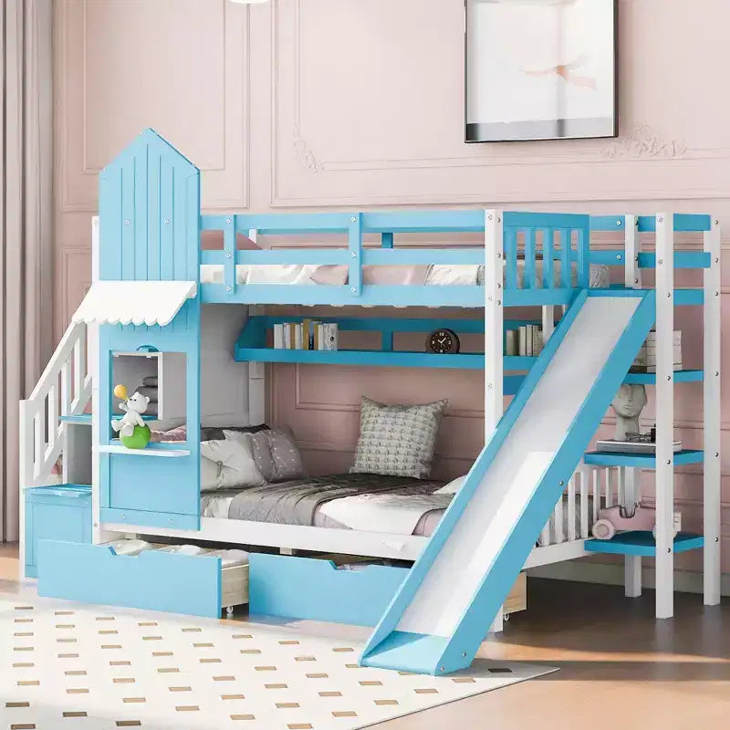 Castle Bunk Bed for Approx. 97 × 191 cm Mattress with 2 Drawers, 3 Shelves & Slide – Kids Loft Bed