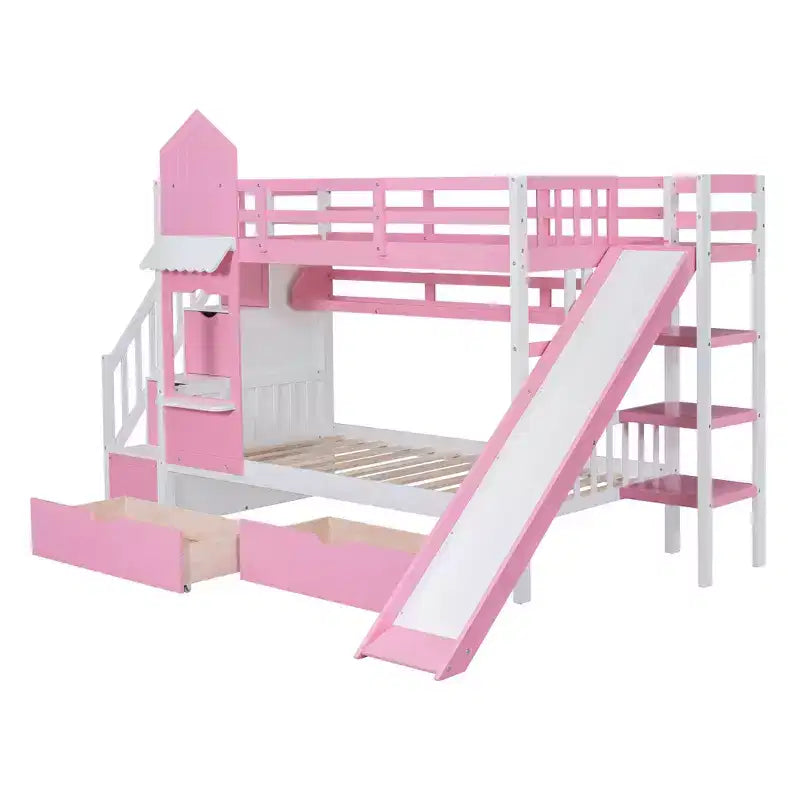 Castle Bunk Bed for Approx. 97 × 191 cm Mattress with 2 Drawers, 3 Shelves & Slide – Kids Loft Bed