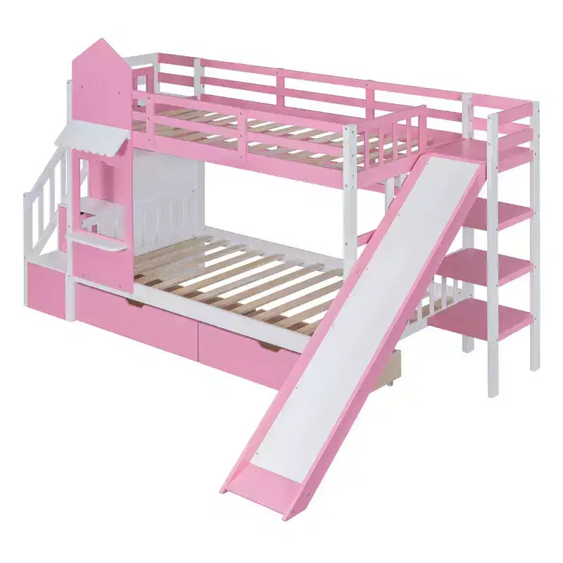 Castle Bunk Bed for Approx. 97 × 191 cm Mattress with 2 Drawers, 3 Shelves & Slide – Kids Loft Bed