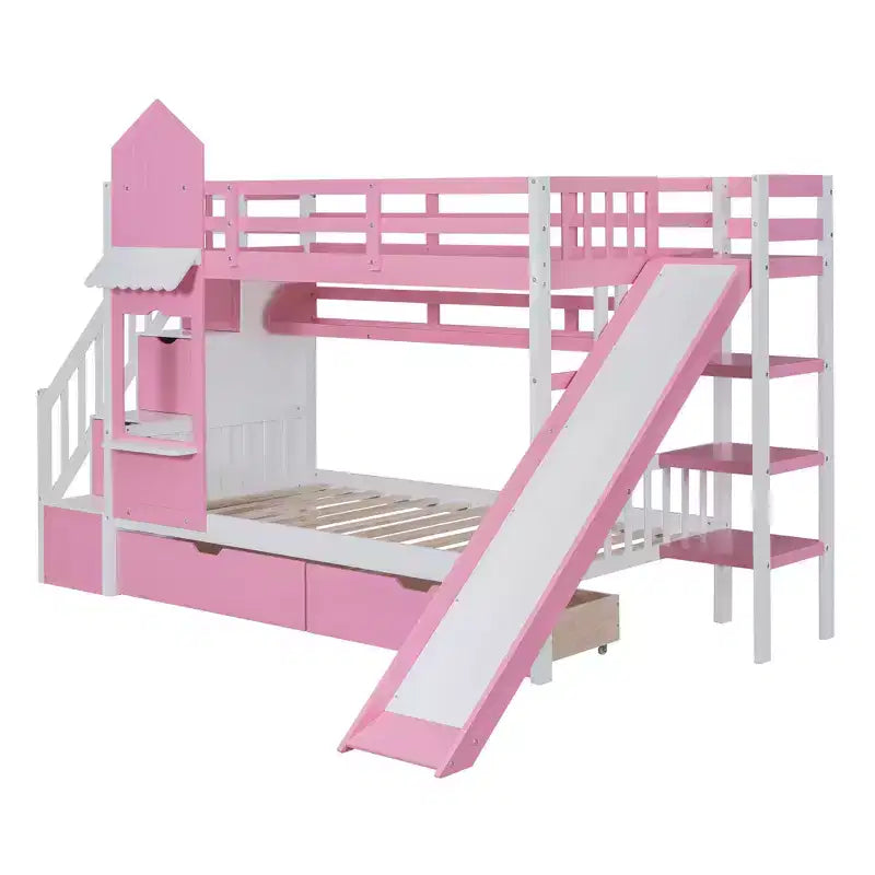 Castle Bunk Bed for Approx. 97 × 191 cm Mattress with 2 Drawers, 3 Shelves & Slide – Kids Loft Bed