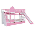 Castle Bunk Bed for Approx. 97 × 191 cm Mattress with 2 Drawers, 3 Shelves & Slide – Kids Loft Bed