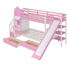 Castle Bunk Bed for Approx. 97 × 191 cm Mattress with 2 Drawers, 3 Shelves & Slide – Kids Loft Bed