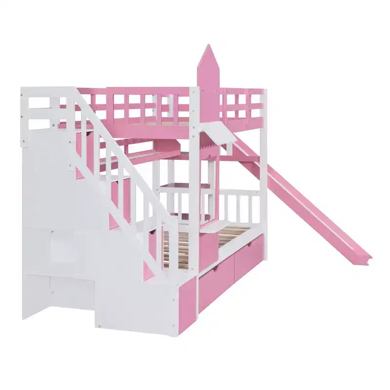 Castle Bunk Bed for Approx. 97 × 191 cm Mattress with 2 Drawers, 3 Shelves & Slide – Kids Loft Bed