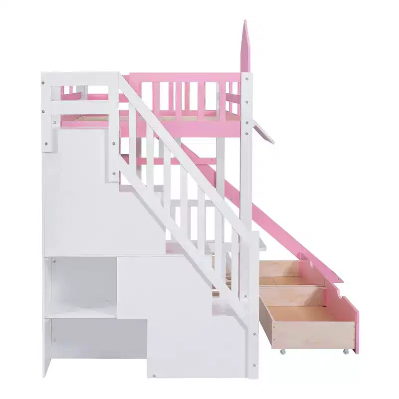 Castle Bunk Bed for Approx. 97 × 191 cm Mattress with 2 Drawers, 3 Shelves & Slide – Kids Loft Bed