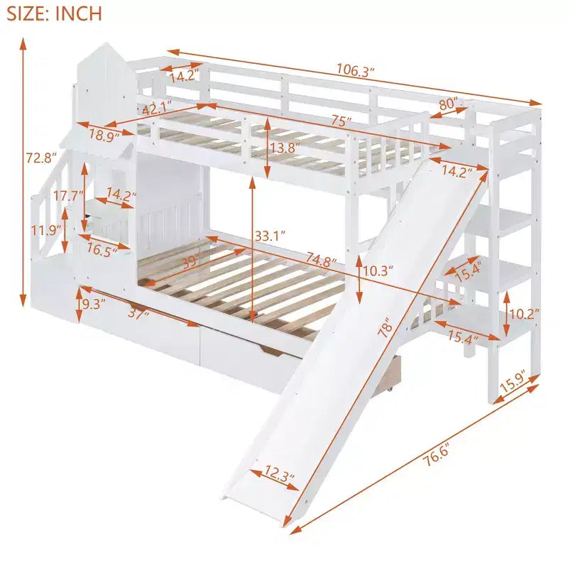 Castle Bunk Bed for Approx. 97 × 191 cm Mattress with 2 Drawers, 3 Shelves & Slide – Kids Loft Bed