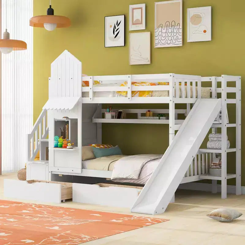 Castle Bunk Bed for Approx. 97 × 191 cm Mattress with 2 Drawers, 3 Shelves & Slide – Kids Loft Bed