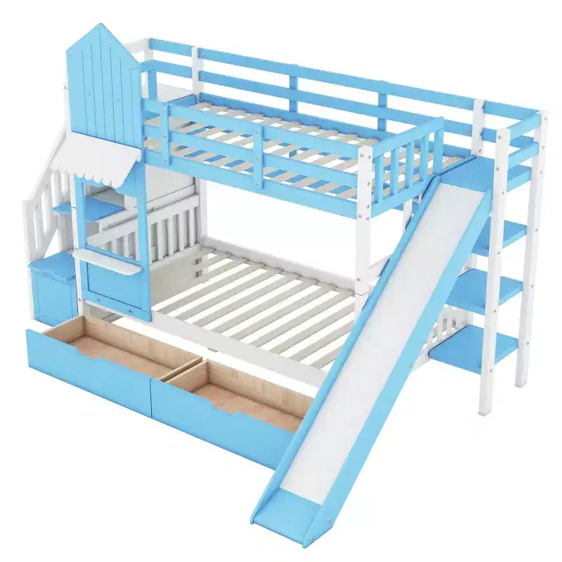 Castle Bunk Bed for Approx. 97 × 191 cm Mattress with 2 Drawers, 3 Shelves & Slide – Kids Loft Bed