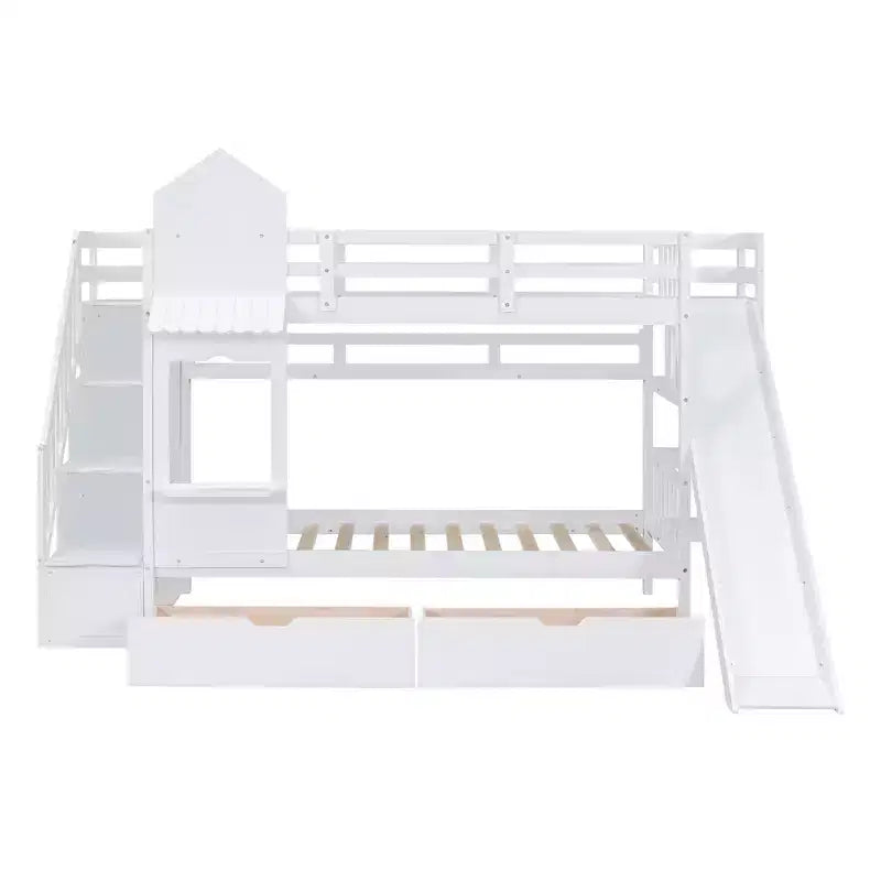 Castle Bunk Bed for Approx. 97 × 191 cm Mattress with 2 Drawers, 3 Shelves & Slide – Kids Loft Bed