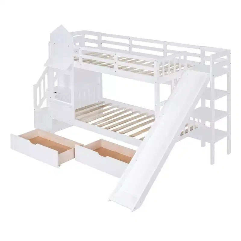 Castle Bunk Bed for Approx. 97 × 191 cm Mattress with 2 Drawers, 3 Shelves & Slide – Kids Loft Bed
