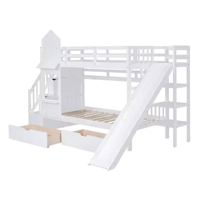 Castle Bunk Bed for Approx. 97 × 191 cm Mattress with 2 Drawers, 3 Shelves & Slide – Kids Loft Bed