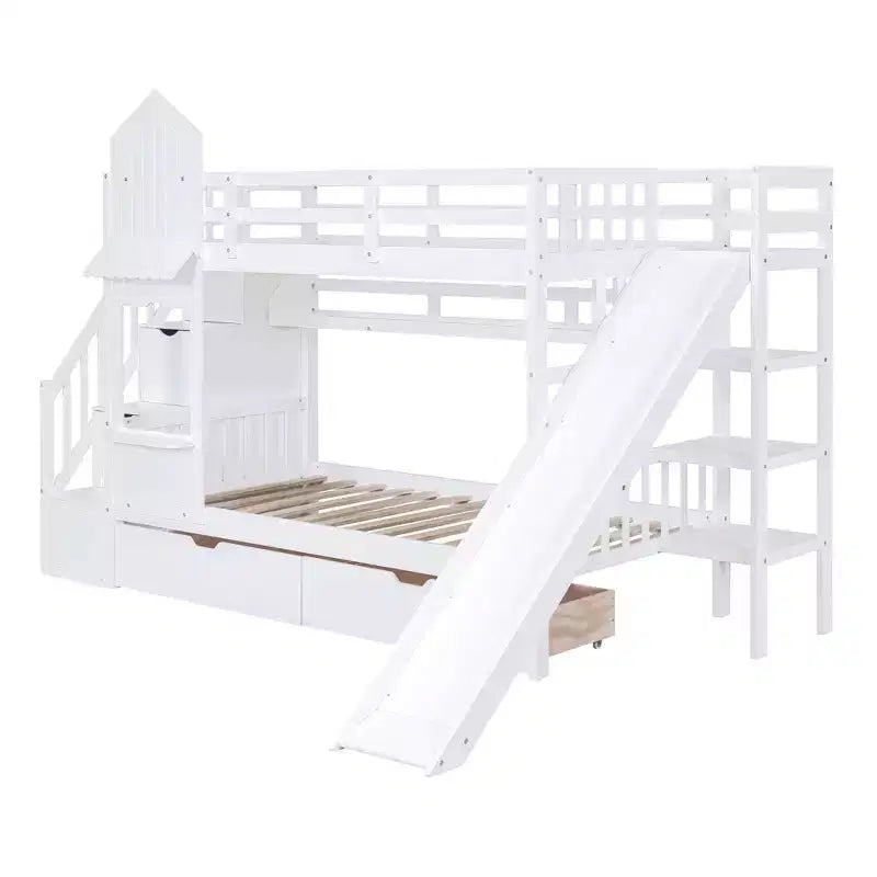 Castle Bunk Bed for Approx. 97 × 191 cm Mattress with 2 Drawers, 3 Shelves & Slide – Kids Loft Bed