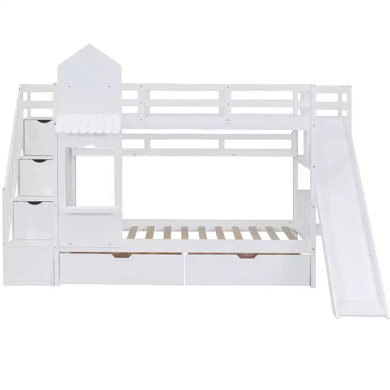 Castle Bunk Bed for Approx. 97 × 191 cm Mattress with 2 Drawers, 3 Shelves & Slide – Kids Loft Bed