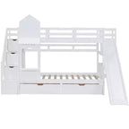Castle Bunk Bed for Approx. 97 × 191 cm Mattress with 2 Drawers, 3 Shelves & Slide – Kids Loft Bed