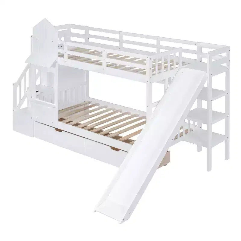 Castle Bunk Bed for Approx. 97 × 191 cm Mattress with 2 Drawers, 3 Shelves & Slide – Kids Loft Bed
