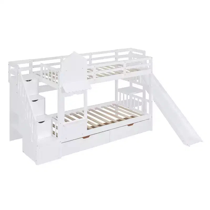 Castle Bunk Bed for Approx. 97 × 191 cm Mattress with 2 Drawers, 3 Shelves & Slide – Kids Loft Bed
