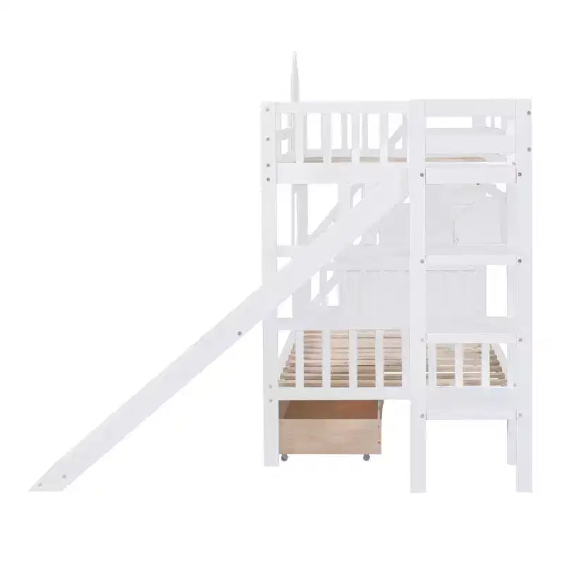 Castle Bunk Bed for Approx. 97 × 191 cm Mattress with 2 Drawers, 3 Shelves & Slide – Kids Loft Bed