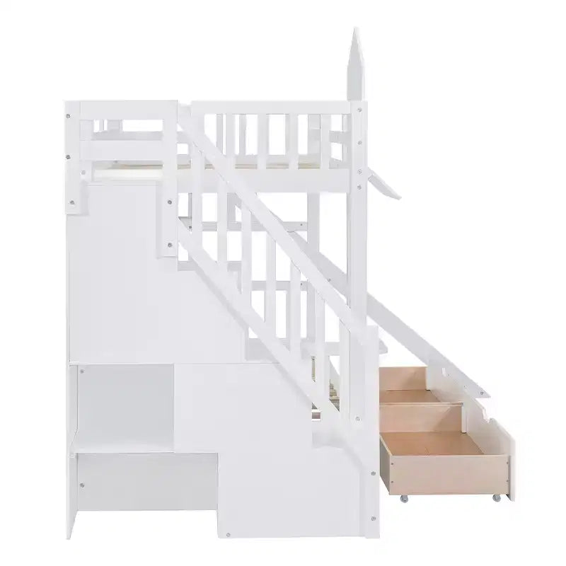 Castle Bunk Bed for Approx. 97 × 191 cm Mattress with 2 Drawers, 3 Shelves & Slide – Kids Loft Bed