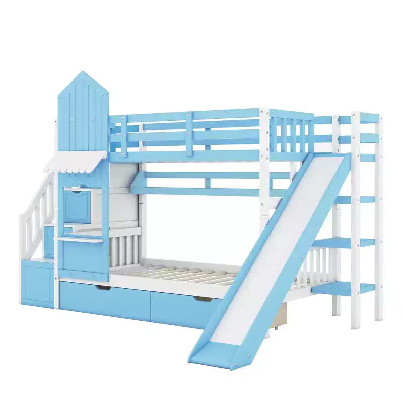Castle Bunk Bed for Approx. 97 × 191 cm Mattress with 2 Drawers, 3 Shelves & Slide – Kids Loft Bed