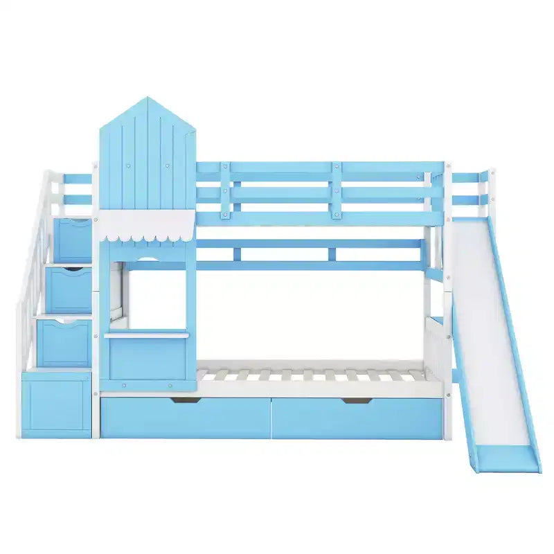 Castle Bunk Bed for Approx. 97 × 191 cm Mattress with 2 Drawers, 3 Shelves & Slide – Kids Loft Bed