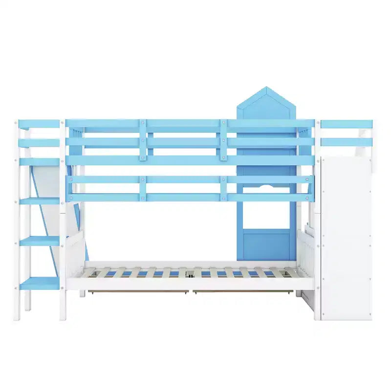 Castle Bunk Bed for Approx. 97 × 191 cm Mattress with 2 Drawers, 3 Shelves & Slide – Kids Loft Bed