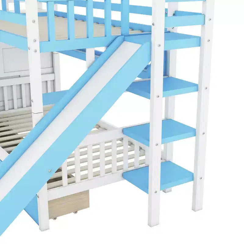 Castle Bunk Bed for Approx. 97 × 191 cm Mattress with 2 Drawers, 3 Shelves & Slide – Kids Loft Bed