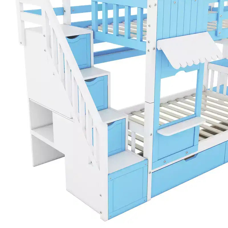 Castle Bunk Bed for Approx. 97 × 191 cm Mattress with 2 Drawers, 3 Shelves & Slide – Kids Loft Bed