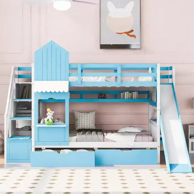 Castle Bunk Bed for Approx. 97 × 191 cm Mattress with 2 Drawers, 3 Shelves & Slide, Princess Loft Bed for Kids, boys, girls