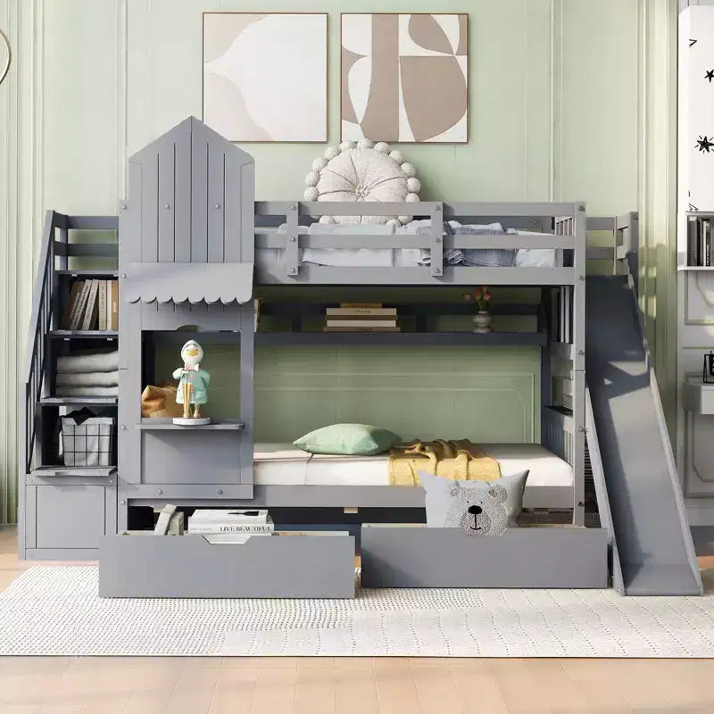 Castle Bunk Bed for Approx. 97 × 191 cm Mattress with 2 Drawers, 3 Shelves & Slide – Kids Loft Bed