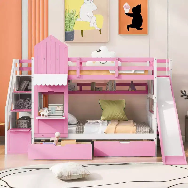 Castle Bunk Bed for Approx. 97 × 191 cm Mattress with 2 Drawers, 3 Shelves & Slide – Kids Loft Bed