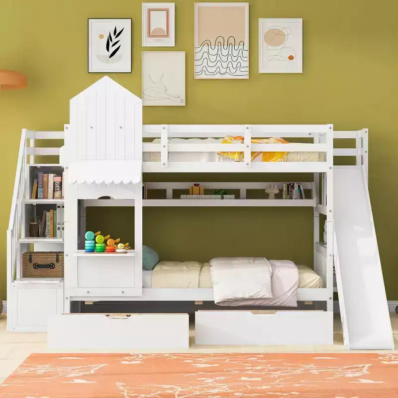 Castle Bunk Bed for Approx. 97 × 191 cm Mattress with 2 Drawers, 3 Shelves & Slide – Kids Loft Bed