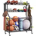 Sports Equipment Organizer,Large Capacity Garage Sports Toy Organizer with Hooks and Baskets,Rolling Ball Cart with Wheels for Toy and Gear Organizer