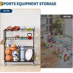 Sports Equipment Organizer,Large Capacity Garage Sports Toy Organizer with Hooks and Baskets,Rolling Ball Cart with Wheels for Toy and Gear Organizer