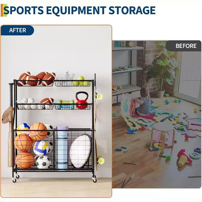 Sports Equipment Organizer,Large Capacity Garage Sports Toy Organizer with Hooks and Baskets,Rolling Ball Cart with Wheels for Toy and Gear Organizer