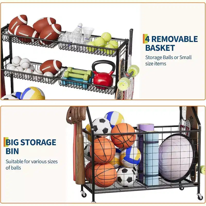 Sports Equipment Organizer,Large Capacity Garage Sports Toy Organizer with Hooks and Baskets,Rolling Ball Cart with Wheels for Toy and Gear Organizer