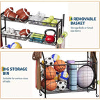 Sports Equipment Organizer,Large Capacity Garage Sports Toy Organizer with Hooks and Baskets,Rolling Ball Cart with Wheels for Toy and Gear Organizer