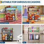 Sports Equipment Organizer,Large Capacity Garage Sports Toy Organizer with Hooks and Baskets,Rolling Ball Cart with Wheels for Toy and Gear Organizer