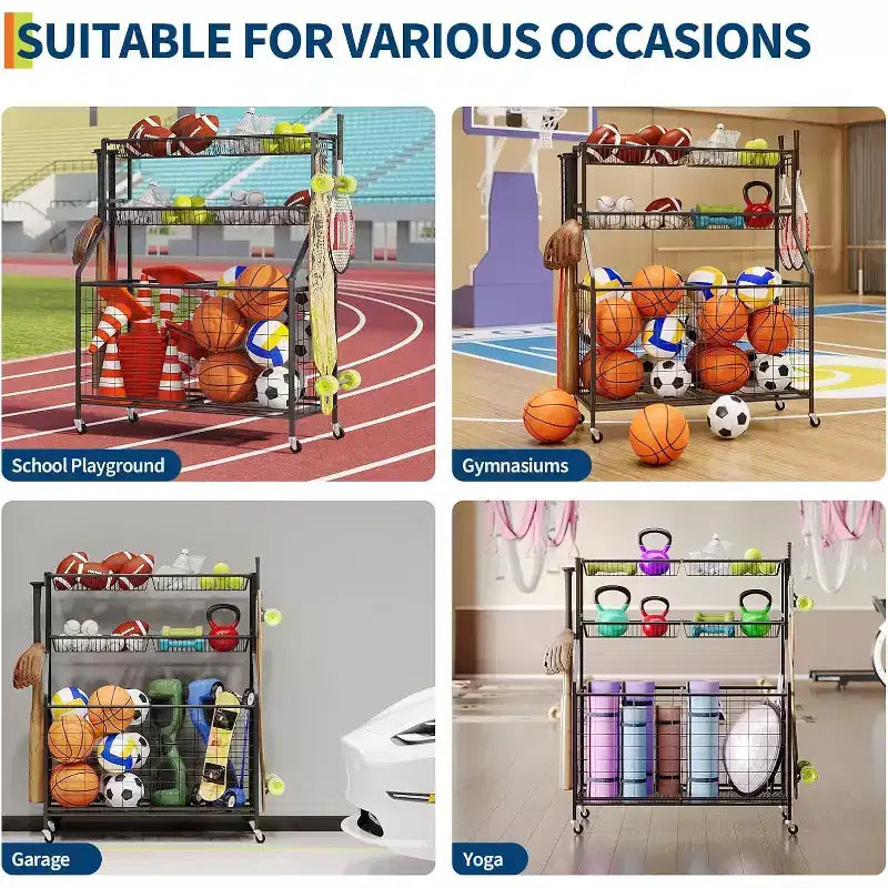 Sports Equipment Organizer,Large Capacity Garage Sports Toy Organizer with Hooks and Baskets,Rolling Ball Cart with Wheels for Toy and Gear Organizer