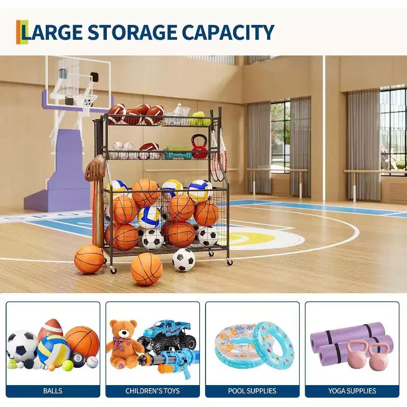 Sports Equipment Organizer,Large Capacity Garage Sports Toy Organizer with Hooks and Baskets,Rolling Ball Cart with Wheels for Toy and Gear Organizer