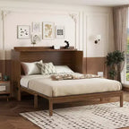 Murphy Bed Frame for Approx. 152 × 203 cm Mattress with USB Port and Storage Drawer for Bedroom Guest Room, Rattan Decoration Pine Wood Bed