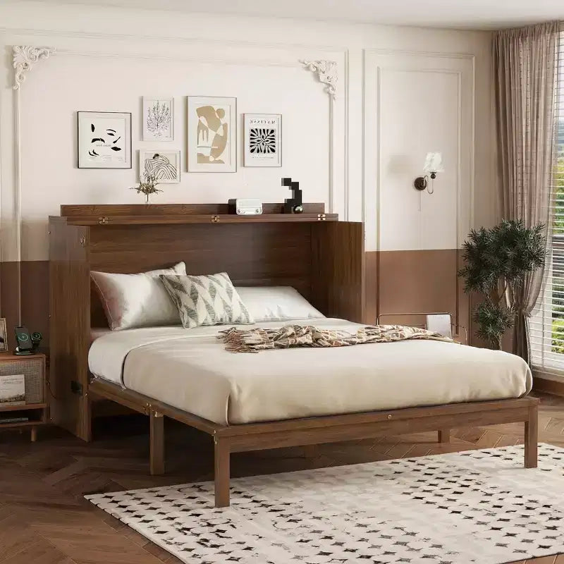 Murphy Bed Frame for Approx. 152 × 203 cm Mattress with USB Port and Storage Drawer for Bedroom Guest Room, Rattan Decoration Pine Wood Bed