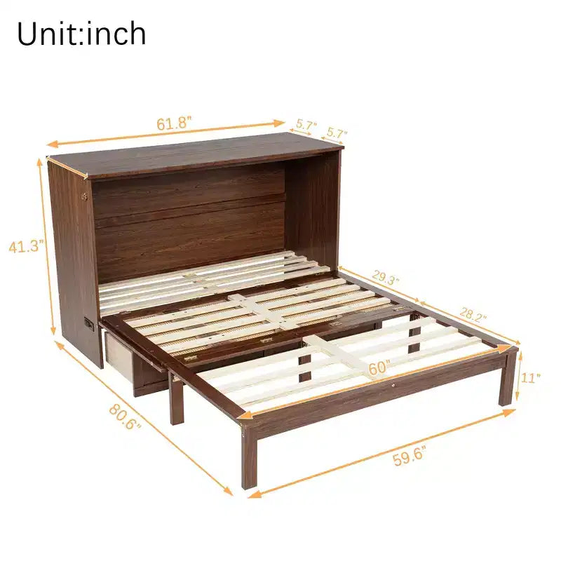 Murphy Bed Frame for Approx. 152 × 203 cm Mattress with USB Port and Storage Drawer for Bedroom Guest Room, Rattan Decoration Pine Wood Bed