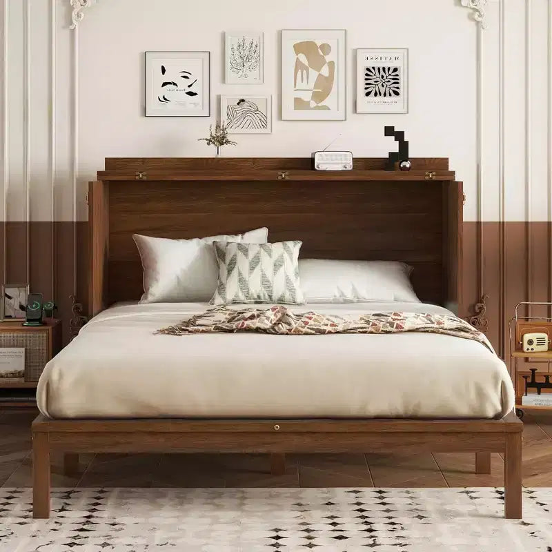 Murphy Bed Frame for Approx. 152 × 203 cm Mattress with USB Port and Storage Drawer for Bedroom Guest Room, Rattan Decoration Pine Wood Bed