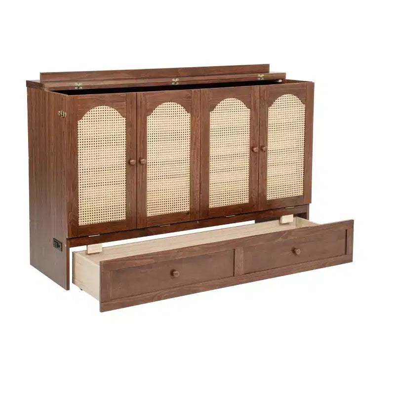 Murphy Bed Frame for Approx. 152 × 203 cm Mattress with USB Port and Storage Drawer for Bedroom Guest Room, Rattan Decoration Pine Wood Bed