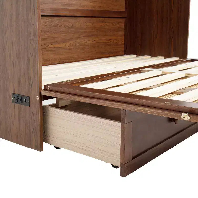 Murphy Bed Frame for Approx. 152 × 203 cm Mattress with USB Port and Storage Drawer for Bedroom Guest Room, Rattan Decoration Pine Wood Bed