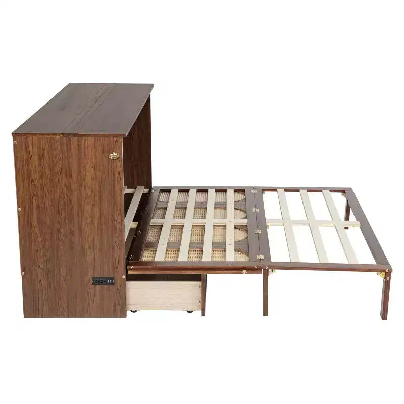 Murphy Bed Frame for Approx. 152 × 203 cm Mattress with USB Port and Storage Drawer for Bedroom Guest Room, Rattan Decoration Pine Wood Bed