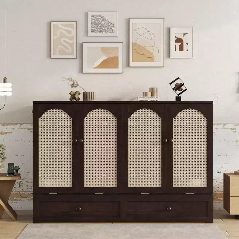Murphy Bed Frame for Approx. 152 × 203 cm Mattress with USB Port and Storage Drawer for Bedroom Guest Room, Rattan Decoration Pine Wood Bed
